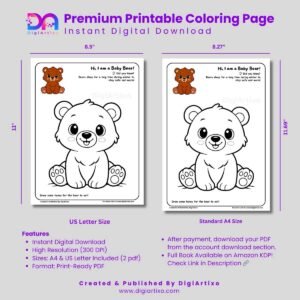 Cute Baby Bear Coloring Page Printable PDF for Kids