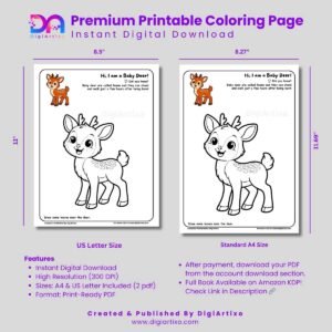 Cute Baby Deer Coloring Page Printable PDF for Kids