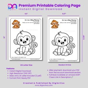 Cute Baby Monkey Coloring Page Printable PDF for Kids