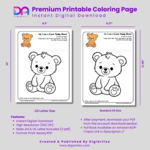 Cute Teddy Bear Coloring Page Printable PDF