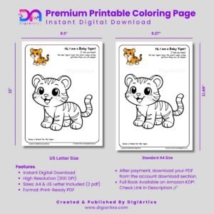 Cute Baby Tiger Coloring Page Printable PDF for Kids