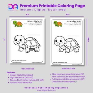 Cute Baby Turtle Coloring Page Printable PDF for Kids